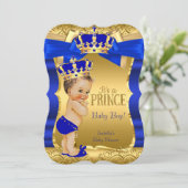 Royal Prince Baby shower Blue Gold Bow Brunette Kaart (Staand voorkant)
