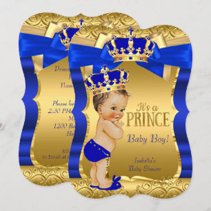 Royal Prince Baby shower Blue Gold Bow Brunette Kaart