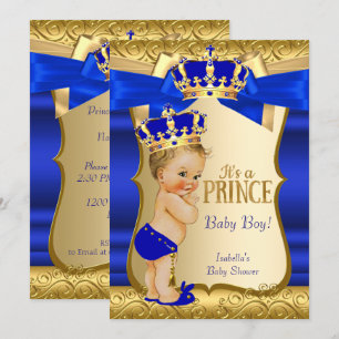 Royal Prince Baby shower Blue Gold Damask Blonde Kaart