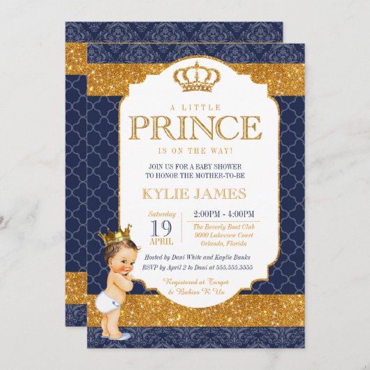Royal Prince Navy Blauw Goud Wit Baby shower Kaart (Voorkant / Achterkant)