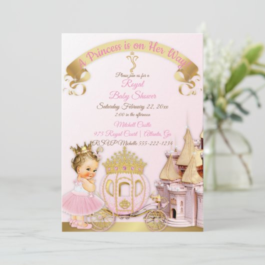 Royal Princess Castle Carriage Pink Gold Girl Kaart (Staand voorkant)