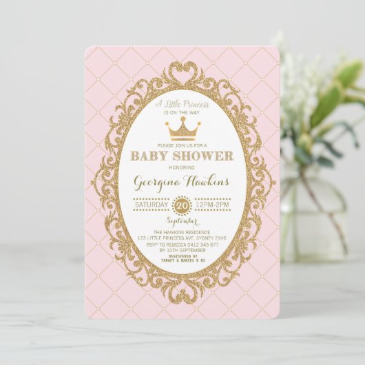 Royal Princess Crown Pink Gold Baby shower Invite Kaart (Staand voorkant)