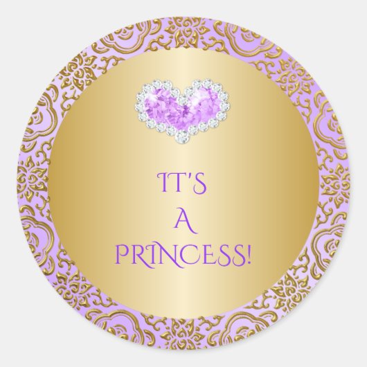 Royal Princess Lila & Gold Diamond Heart Gem Ronde Sticker (Voorkant)
