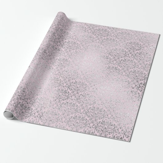 Royal Princess Pink Silver Damask Shiny Cadeaupapier (Uitgerold)