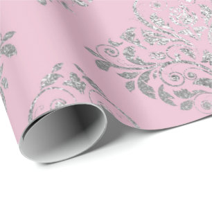 Royal Princess Pink Silver Damask Shiny Cadeaupapier