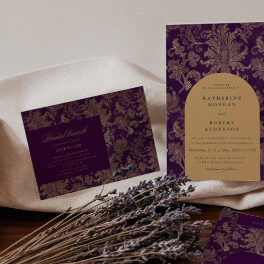 Royal Purple Gold Damask Bridal Brunch Invitation