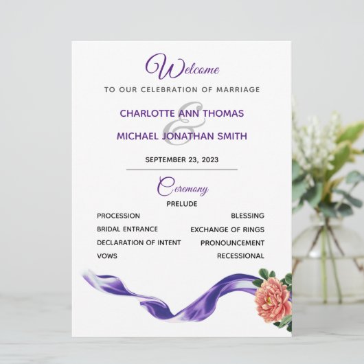Royal Purple Ribbon Wedding Programme (Debout devant)