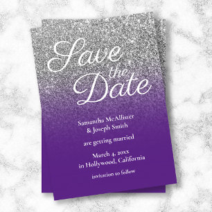 Royal Purple Silver Ombre Glitter Save the Date Kaart