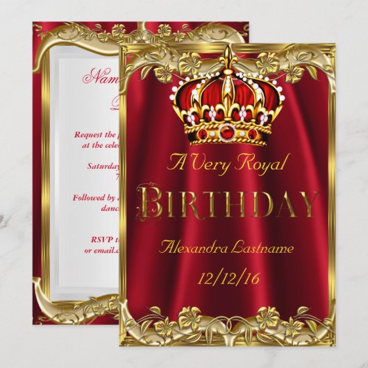 Royal Red Birthday party Gold Crown Uitnodiging (Voorkant / Achterkant)