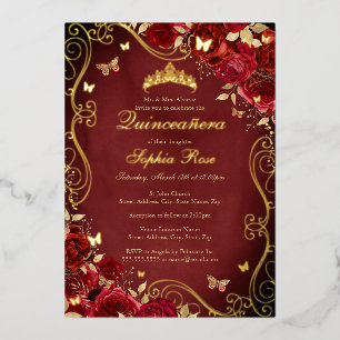 Royal Red Floral Gold Swirl Butterfly Quinceanera Folie Uitnodiging