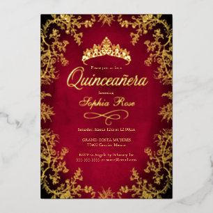 Royal Red Gold Crown Floral Quinceanera Folie Uitnodiging