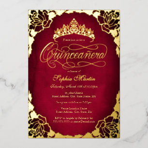 Royal Red Gold Elegant Roos Script Quinceanera Folie Uitnodiging