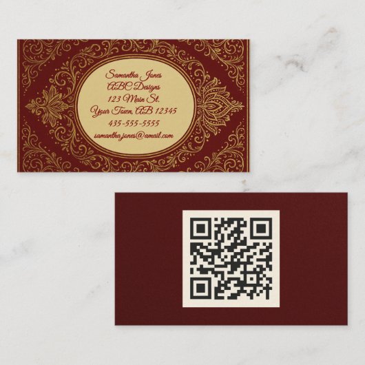 Royal Red & Gold Embossés QR Code Cartes de visite (Devant / Derrière)