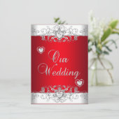 Royal Red Wedding Silver Diamond Hearts Kaart (Staand voorkant)
