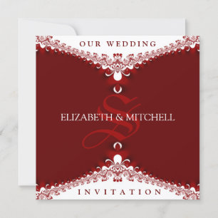 Royal Red+White Lace Monogram Wedding Invitations Kaart