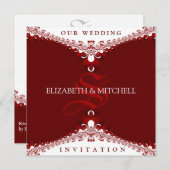 Royal Red+White Lace Monogramme Mariage Invitation (Devant / Derrière)