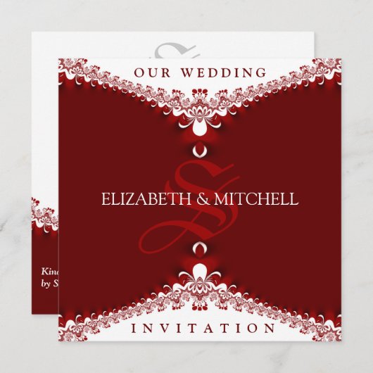 Royal Red+White Lace Monogramme Mariage Invitation (Devant / Derrière)