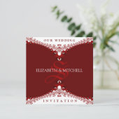 Royal Red+White Lace Monogramme Mariage Invitation (Debout devant)