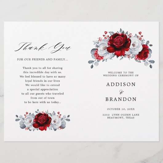Royal Red White Silver Floral Wedding Programme (Devant)