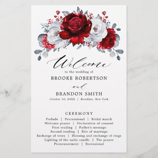 Royal Red White Silver Floral Wedding Programme (Devant)