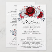 Royal Red White Silver Floral Wedding Programme (Devant / Derrière)