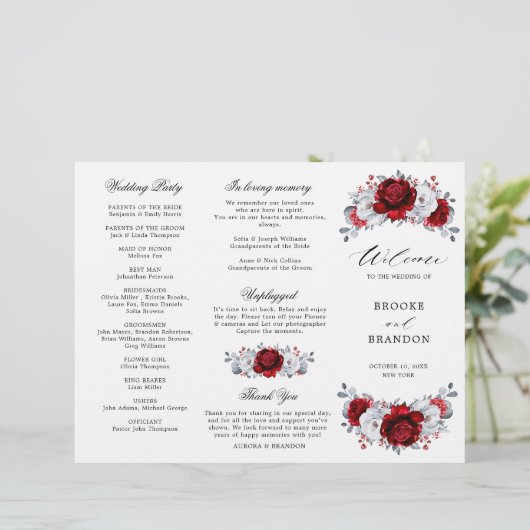 Royal Red White Silver Floral Wedding Programme (Debout devant)