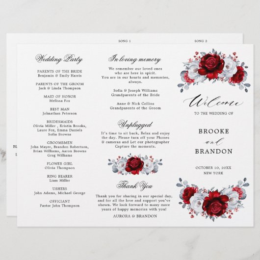 Royal Red White Silver Floral Wedding Programme (Devant / Derrière)
