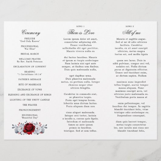 Royal Red White Silver Floral Wedding Programme (Dos)
