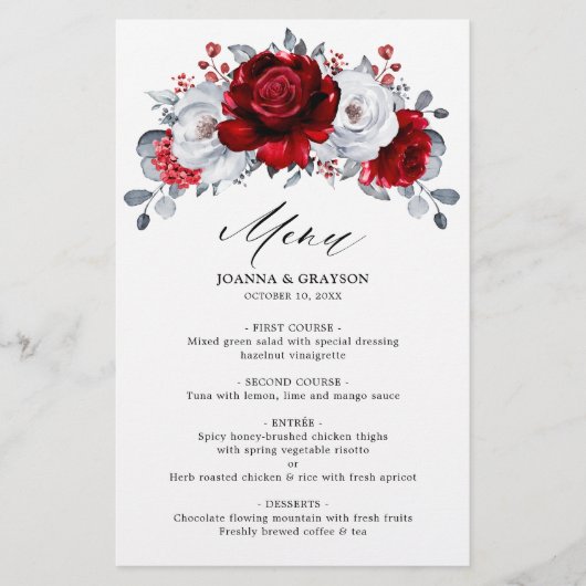Royal Red White Silver Metallic Floral Wedding (Voorkant)