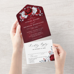 Royal Red White Silver Metallic Floral Wedding All In One Uitnodiging