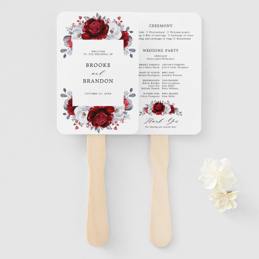 Royal Red White Silver Metallic Floral Wedding Handwaaier (Voorkant en achterkant)