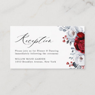 Royal Red White Silver Metallic Floral Wedding Informatiekaartje