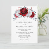 Royal Red White Silver Metallic Floral Wedding Kaart (Staand voorkant)
