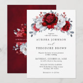 Royal Red White Silver Metallic Floral Wedding Kaart (Voorkant / Achterkant)