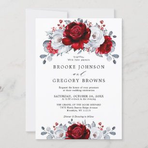 Royal Red White Silver Metallic Floral Wedding Kaart