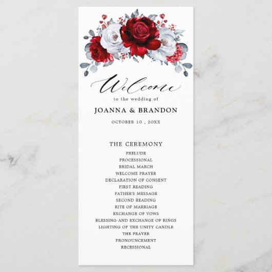 Royal Red White Silver Metallic Floral Wedding Programma (Voorkant)