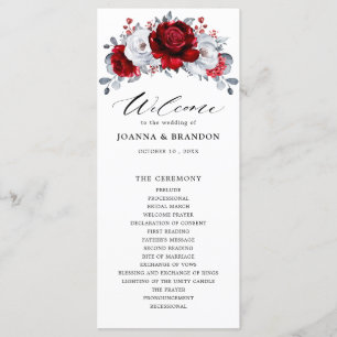 Royal Red White Silver Metallic Floral Wedding Programma