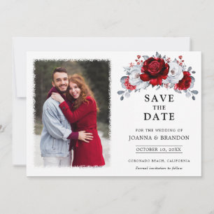 Royal Red White Silver Metallic Floral Wedding Save The Date