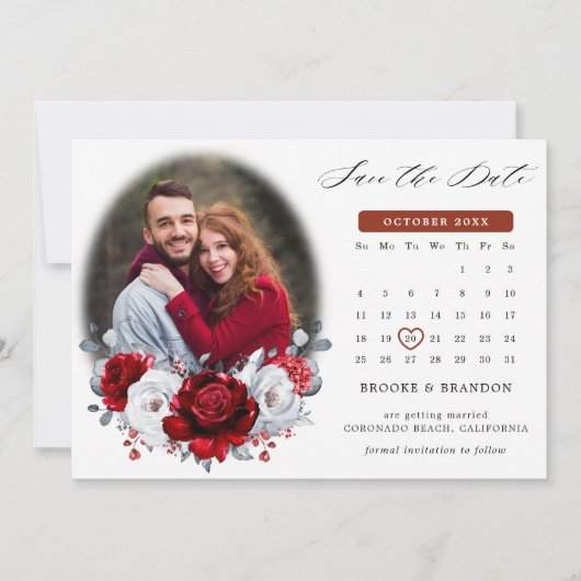 Royal Rood Wit Zilver Metallic Fotokalender Save The Date (Voorkant)