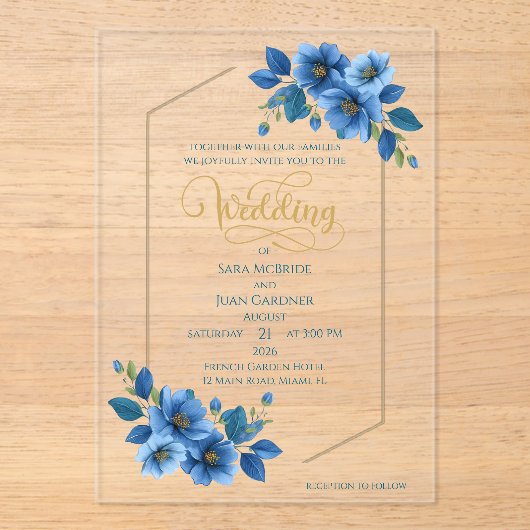 Royal Sapphire Floral Acrylic Wedding Invitation (Recto)