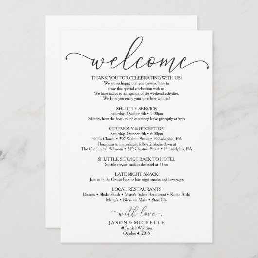 Royal Script Wedding Itinerary - Weddenschap Welzi Kaart (Voorkant / Achterkant)