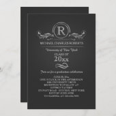 Royal Silver Monogram Afstuderen Invitation Kaart (Voorkant / Achterkant)