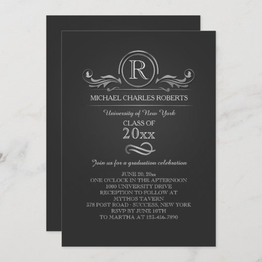 Royal Silver Monogram Afstuderen Invitation Kaart (Voorkant / Achterkant)