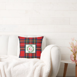 Royal Stewart Christmas MONOGRAM Plaid Wreath Kussen