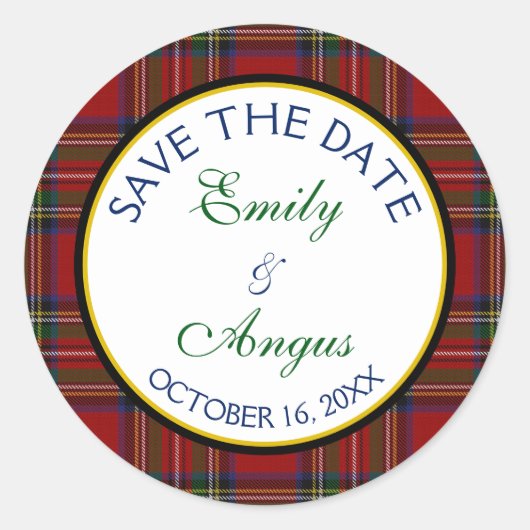 Royal Stewart Tartan Bruiloft Save a Date Sticker (Voorkant)