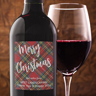 Royal Stewart Tartan Prettig Kerstmis Witte Script Wijn Etiket