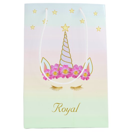 Royal Unicorn, Flowers & Stars op parelkleuren Medium Cadeauzakje (Voorkant)
