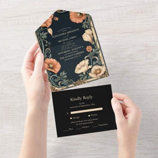 Royal Victoriaans bruiloft grillige bloemenbruilof All In One Uitnodiging (Afscheurbaar)