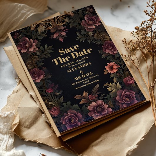 Royal Victoriaans Floral Gothic bruiloft Save The Date