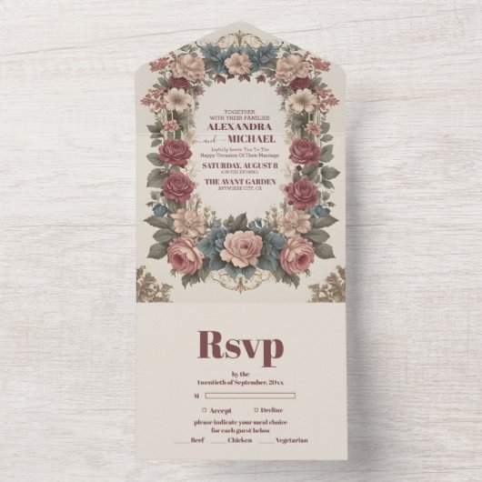 Royal Victoriaans grillige bloemenbruiloft All In One Uitnodiging (Binnen)